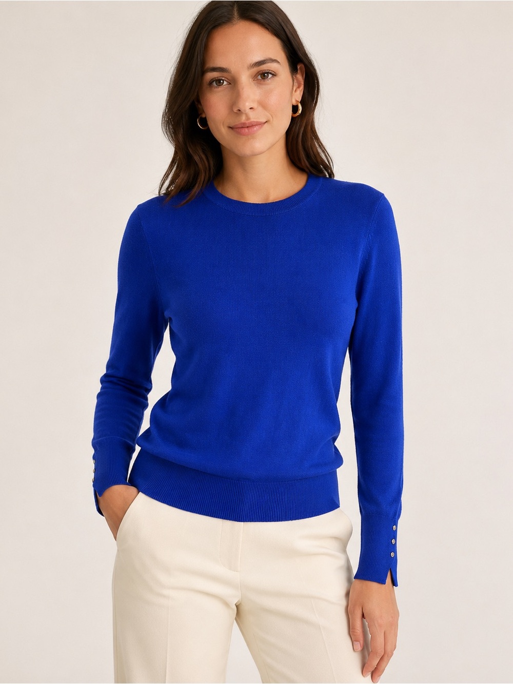 Zara Women’s Blue Knit Sweater Size M Button Cuff Long Sleeve Crew Neck